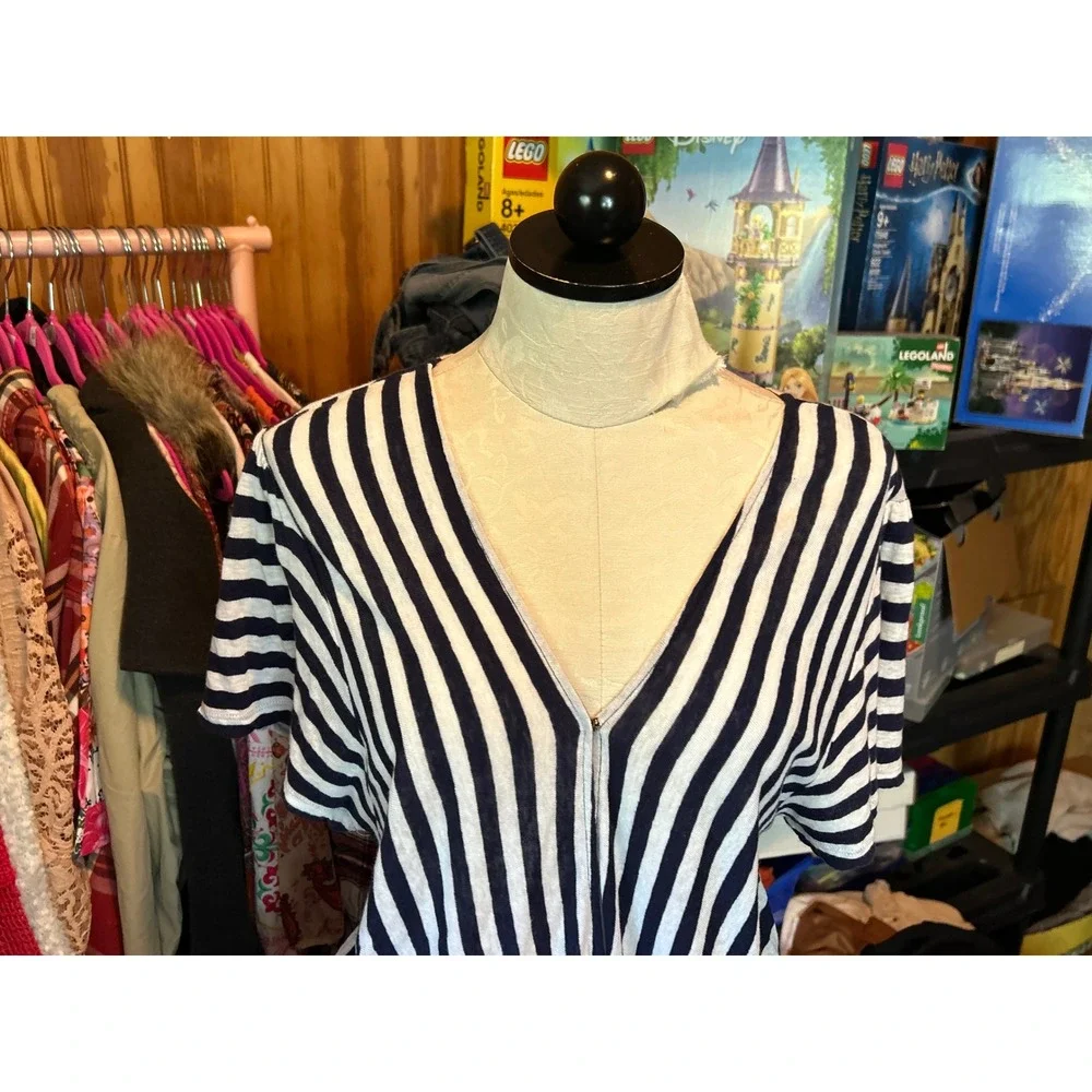 Michael Kors Navy Blue White Striped Wrap Top Side Tie Short Sleeve Linen XL